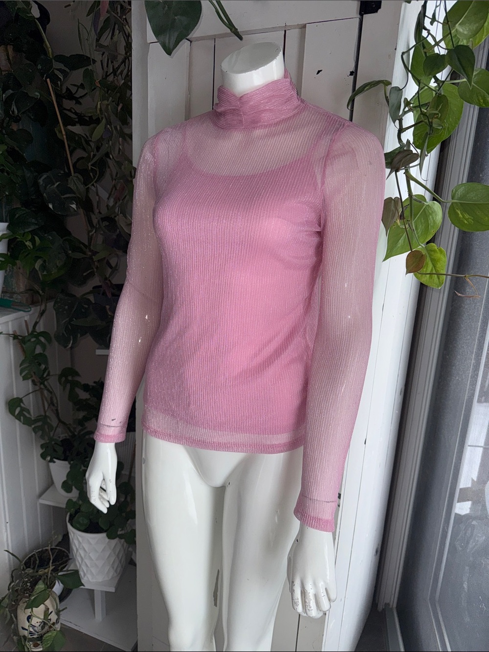 Suzy Shier Sheer Long-Sleeve Mock Neck metallic crinkle Top bottom back NWOT